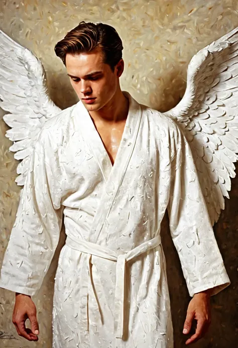 Cinematic shot, Male Angel, wearing white robe, impasto, tick stroke painting, vintage, noise, by Stefanie Schneider