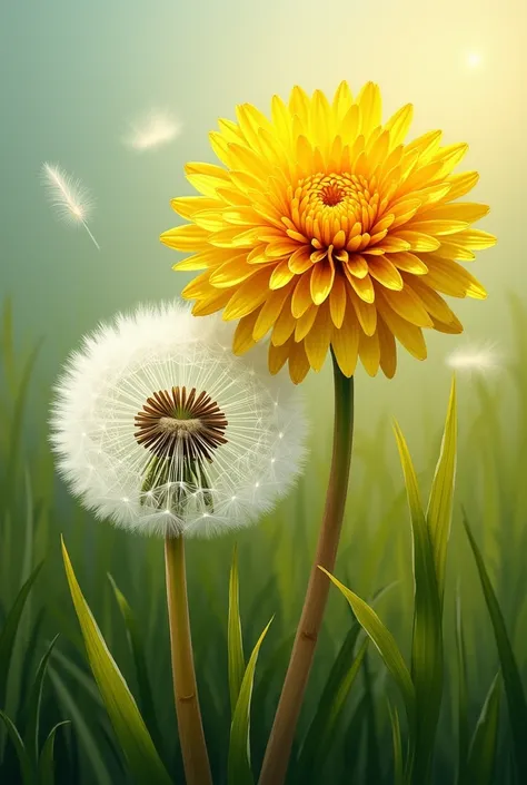 ery detailed oil painting of a double exposure of a vibrant yellow dandelion and a delicate white dandelion seed head, set in a lush green grass field. The painting captures the intricate details of the dandelion petals and seeds, with a soft, dreamy atmos...