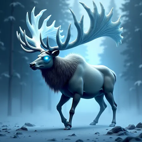  A powerful elk with enormous ice-encrusted antlers and glowing silver eyes, ready to charge.