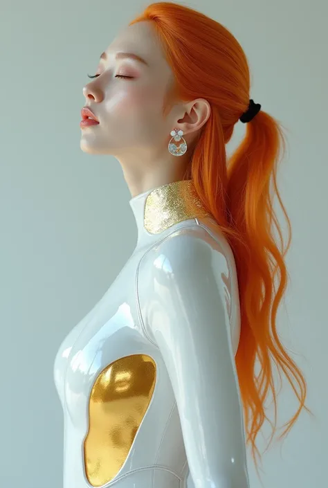 Conceptual sci-fi portrait, f/5.6, ISO 100, beauty lighting with gold rim light. White and gold biomechanical bodysuit with metallic liquid texture, chrome finish. Korean woman with ethereal bright orange hair in soft movement, eyes closed in serene expres...