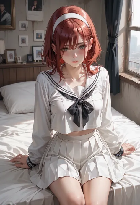  white sailor suit,  Long Sleeve ,  white short pleated skirt,  big black ribbon on chest ,  Abandoned Bedroom, red shoulder length hair, curl inside hair,  The girl is wearing a white headband,  Tall Girl , medium breasts,