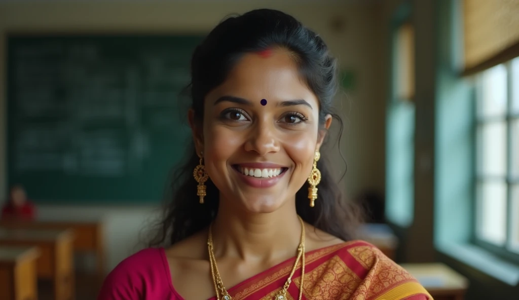 Indian beautiful 38 year age teacher  confident, believable expression  looking and talking, front view,wearing a school teachers saree , closeup shot, eye level view, tv commercial shot.