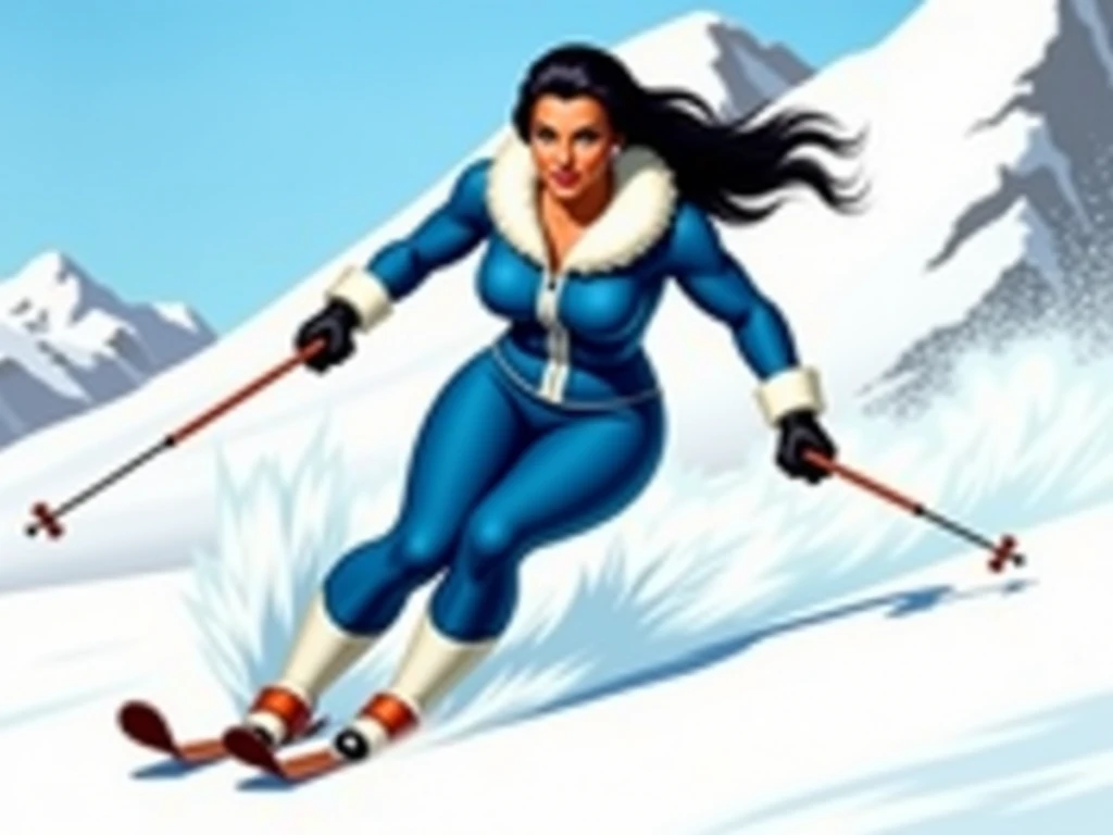 realistic illustration of a native american skier with realistic lights and shadows and intricate details, she wears a blue ski suit with a white zipper in the front , white fur fringe around her neck and white fur cuffs. She is voluptuous, large breasts, ...