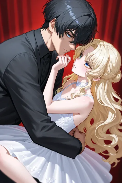 Tall 23 year-old boy with Black hair, cold blue eyes, handsome, bad temper, wearing black clothes and a ballerina girl with blonde long wavy hair and shiny golden eyes in a magic land wearing a white delicate dress