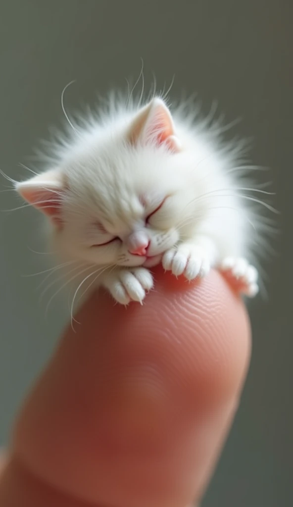 A small white cat that sleep on a persons finger