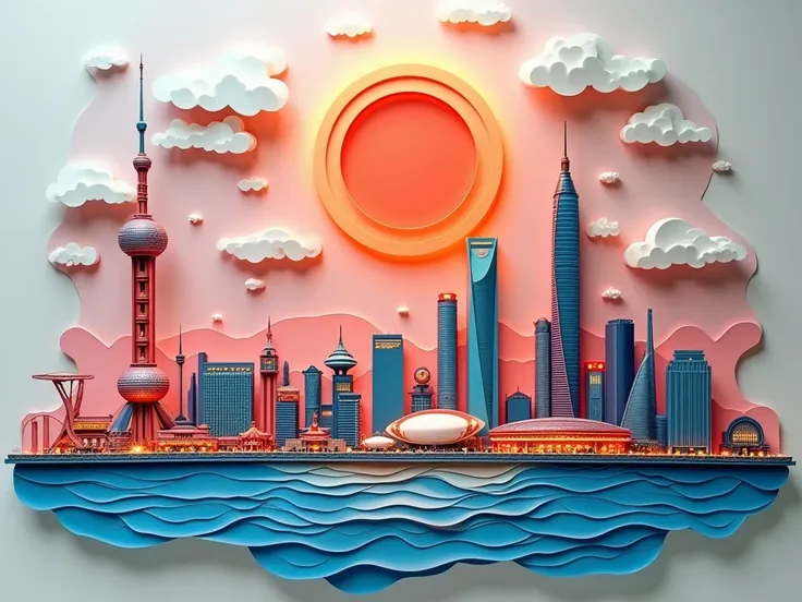   A paper carving craft work ， The countdown timer is ， Oriental Pearl Radio and Television Tower 在最中间突出位置， The layered paper creates a sense of depth and three-dimensionality ，Modern urban atmosphere 
 (Shanghai, China， Oriental Pearl Radio and Television...