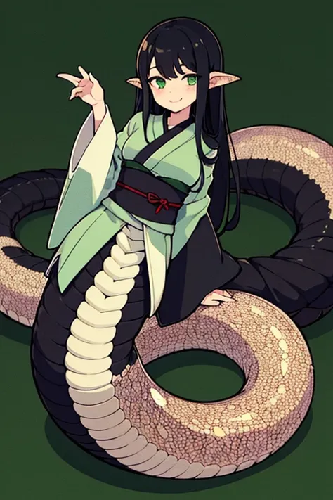 A boy, lamia, detailed black scales, male, long flowing black hair, black japanese clothes, no scales on upper body, full body shot, lower body fully covered in scales, scales covering up to the waist, green eyes, hdrhdr, masterpiece, high quality, 4k, Whi...