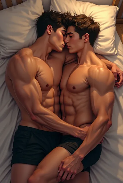 2 strong and burly teen boys play in the bed and kiss wearing shorts 