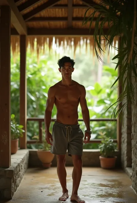 A young Indonesian man is standing in a telnajang bathroom 