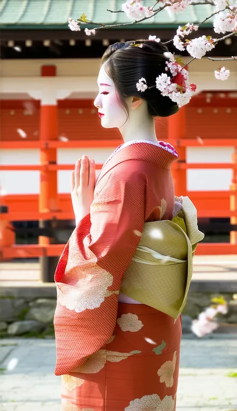 "A Japanese beautiful lady wearing kimono, standing at a Shinto shrine, hands clasped in prayer, surrounded by cherry blossoms gently falling in the breeze, the soft sunlight illuminating her face, serene and spiritual atmosphere, highly detailed."