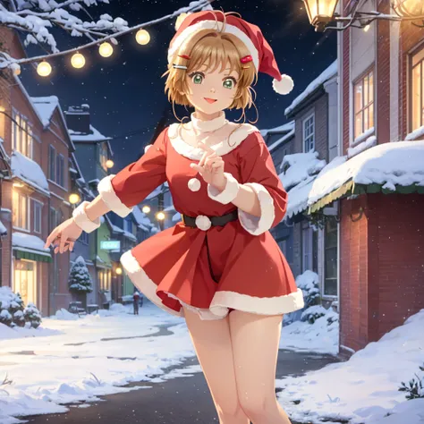 A beautiful girl in a Santa outfit posing on a street corner at snowy night, anime girl, (20 years old girl), One adult girl is flipping her skirt with her hands to show her pink panties, (Sexy and cute panties:1.45), (Shiny satin panties, Panties with a p...