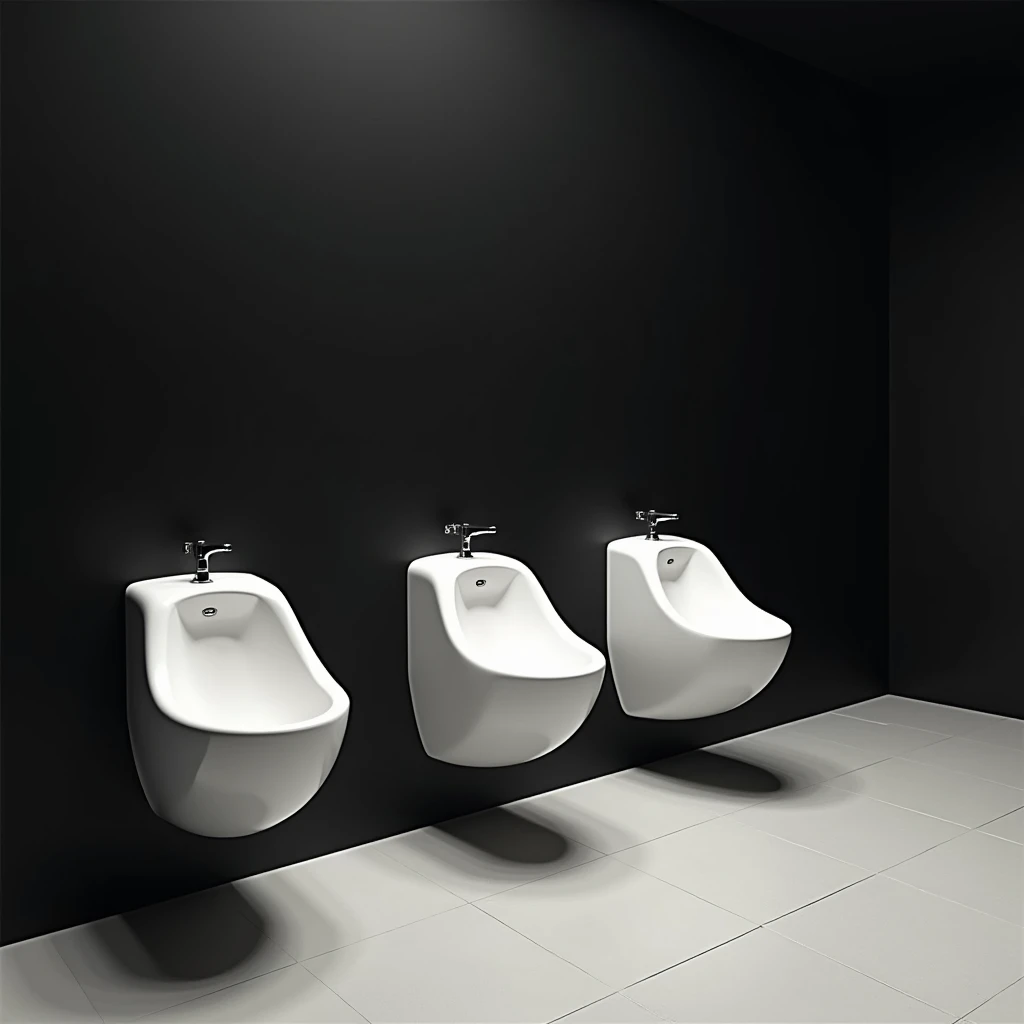 photo.White rounded urinals .  Against a black wall and light gray floor tiles.