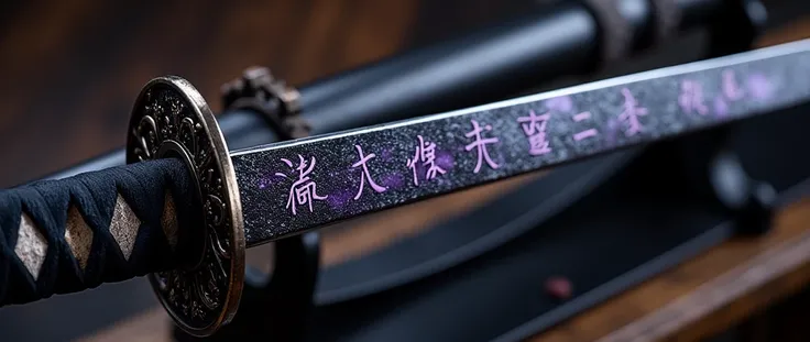 Realistic, theme is "a Japanese sword made of obsidian and a sheath with intricate craftsmanship", an old Japanese sword from the 1700s suitable for practical use, with a black-purple handle, a disc-shaped tsuba with intricate decoration, and an obsidian b...