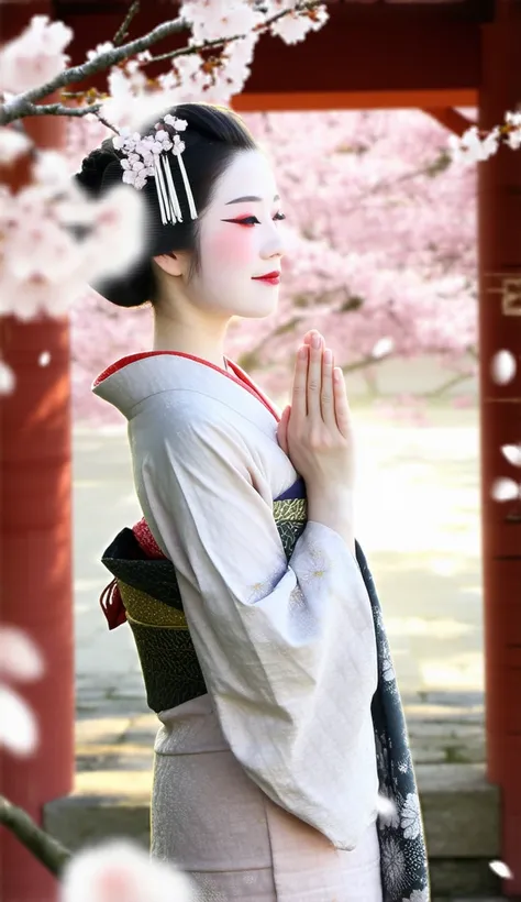 "A Japanese beautiful lady wearing kimono, standing at a Shinto shrine, hands clasped in prayer, surrounded by cherry blossoms gently falling in the breeze, the soft sunlight illuminating her face, serene and spiritual atmosphere, highly detailed."