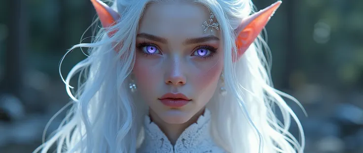 Valyrian female, violet eyes, pale skin, long intricate white hair, slender, fair and beautiful, pointed ears