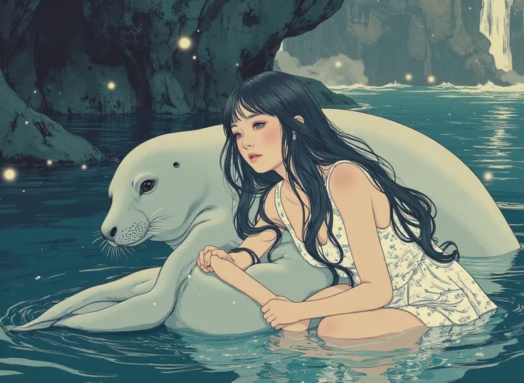 ((line-art Anime, manga aesthetic, highly detailed, vibrant colors, dynamic lighting, soft shading, 8k resolution, masterpiece))、A woman emerging from water, with a seal climbing up beside her to embrace her, symbolizing harmony and connection. The woman h...