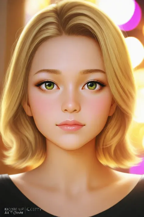 Woman Blonde Hair、 green eyes、Pink Bat、Black top,  Realistic Art Style , Portrait of Rosdrow, Art Germ Portraits, Anime realistic art style, 4K realistic digital art, 4K realistic digital art,  8k artgerm bokeh , deviantart artstation cgscosiety, Highly de...