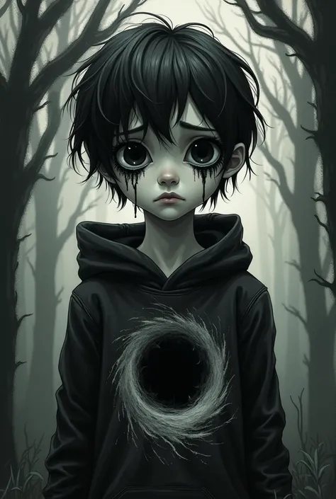 Crying boy, Tim Burton sketch style, black holes for eyes, black tears, middle parted hair, black hoodie with abyss print on it, dark forest background 