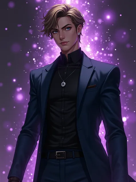  “A tall and thin young man with light brown hair that falls softly in tufts sideways .  It has an imposing and mysterious air .  His expression reflects confidence and determination ,  with a serious and penetrating look .  He wears a tight suit of dark t...