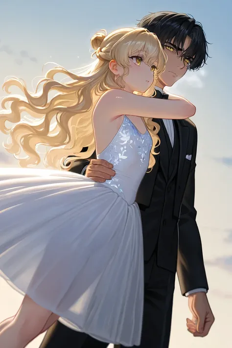 Tall 23 year-old boy with Black hair, cold sky eyes, handsome, bad temper, wearing black clothes and a ballerina girl with blonde long wavy hair and shiny golden eyes in a magic land wearing a white delicate dress. Theyre in love 