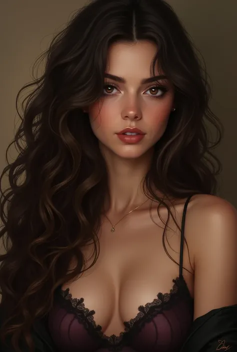  A young woman with long hair ,  thick and curly .  Your hair is dark brown and covers almost the entire upper part of your body.   her eyes were gentle and mysterious ,  with a hazel color .  Her skin tone is pale ,  stained with sin .  Her complexion is ...