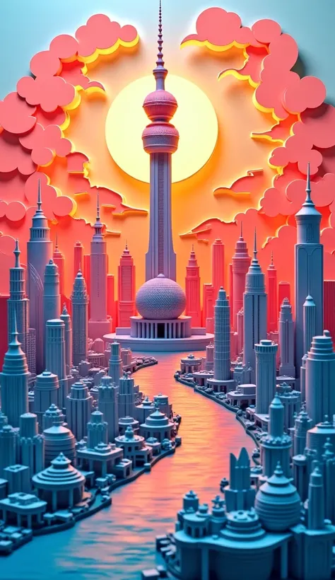   A paper carving craft work ， The countdown timer is ， Oriental Pearl Radio and Television Tower 在最中间突出位置， The layered paper creates a sense of depth and three-dimensionality ，Modern urban atmosphere 
 (Shanghai, China， Oriental Pearl Radio and Television...