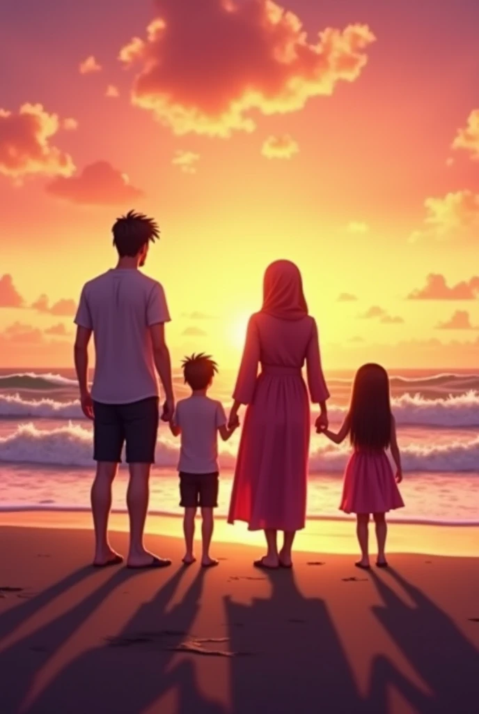 Animated images.  there is a family of 4 people , consisting of father, mother, and 1 lakilaki and one daughter .  seen from behind they are holding hands . sang mother dan anak perempuan mengenakan jilbab.  the background is a very beautiful orange and pi...