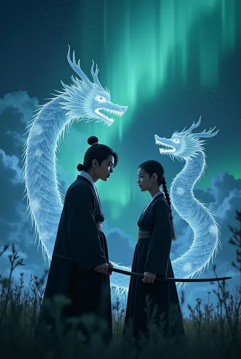  A girl faces a young man .  They both wear modern black hanbok .  Standing face to face in the meadow in the dark night .  In the sky is the Aurora Borealis but it is not too dominating .  The girl has ears like a cat and the young man holding an ancient ...