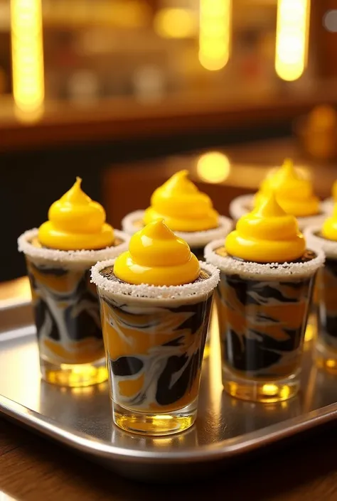 Create a tray of jelloe drinks. The drinks are in shot glasses with a white sugar rim and have a golden , black and white marble -colored layered effect, with a yellow swirl on top. on top, arranged on a silver tray with The background is blurry, but it ap...