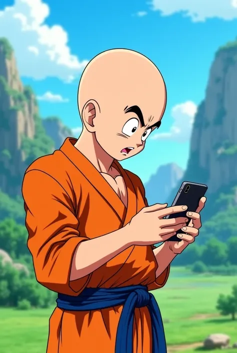 Krilin from Dragon Ball Z ,  with every doubt using a cell phone 