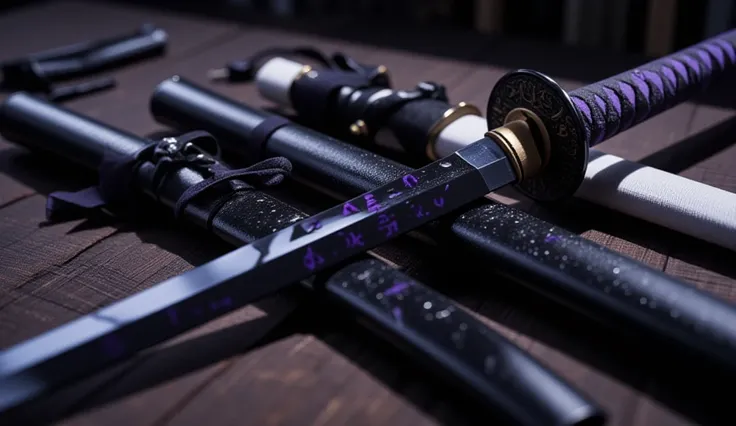 Realistic, theme is "a Japanese sword made of obsidian and a beautiful sheath", black-purple handle, intricately decorated disc-shaped tsuba, obsidian blade is 90cm long, black blade has the text "Acala" written in purple kanji, sophisticated design, advan...