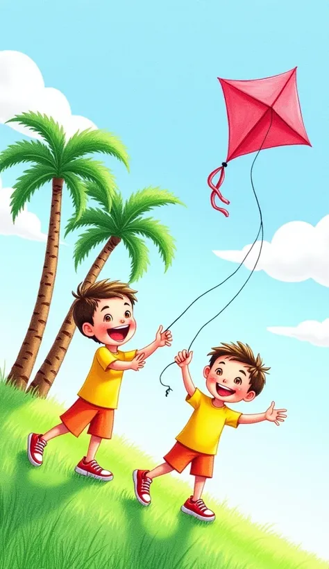 This image is a colored pencil drawing of two young boys flying a kite. They are standing on a grassy hill with three palm trees behind them in the background. The boys on the right are wearing yellow T-shirts, orange shorts, and red sneakers. They have bi...