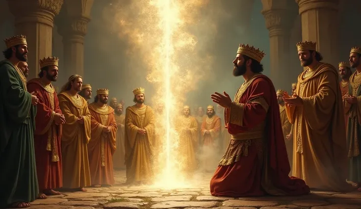 1.	King Nebuchadnezzar kneeling ,  looking at a heavenly light,  with Daniel next to .