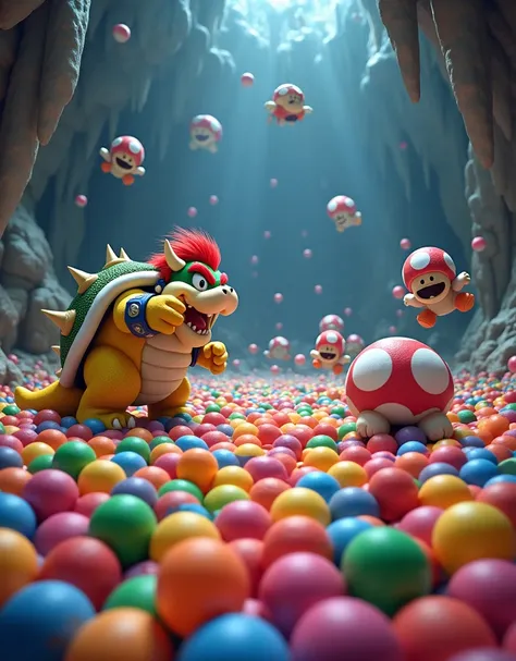  in the cave. Bowse enemies of Mario Bros playing in a ball pool