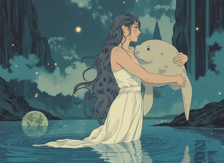 ((Anime-manga aesthetic, highly detailed, vibrant colors, dynamic lighting, soft shading, 8k resolution, masterpiece))、A woman emerging from water, with a seal climbing up beside her to embrace her, symbolizing harmony and connection. The woman has long, f...