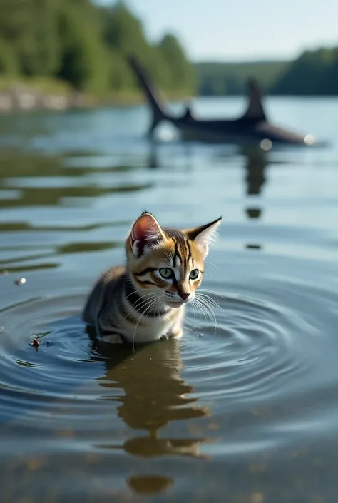 The kitten wandered too close to the riverbank, curiously watching the ripples.

Suddenly, a shark, having strayed into the shallow waters, emerged, its sharp fin slicing the surface. The kitten froze, meowing in fear.