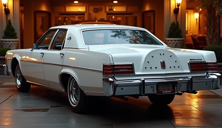 Create an image of a 2025 Mercury Grand Marquis in a glossy White color, showcasing its iconic back view. Highlight the classic rectangular taillights, smooth rear curves, and subtle chrome accents that reflect its vintage sporty design. The black shine fi...