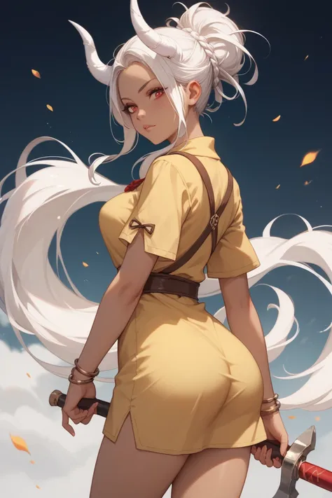 A girl with medium gray brown skin wearing a mostly red tunic outfit with yellow thin thin waist perfect breasts buttocks with white hair up to her shoulders and two very small white horns coming out of her forehead with serious anime-style expression red ...