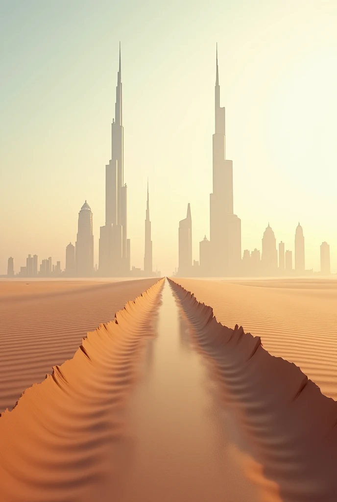 A symbolic image showing  a desert road, one path leading to Dubai’s skyline and the other leading to Saudi Arabia’s futuristic city plans.