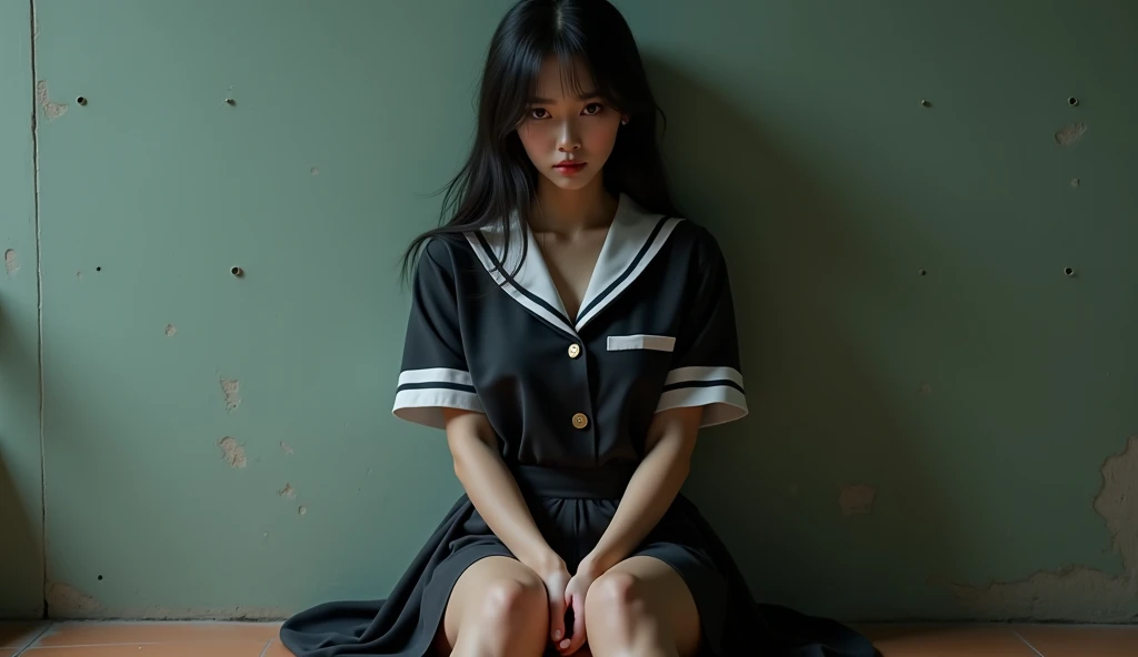 a beautiful, sexy, prominent Indonesian high school girl sits astride her face with a sad, lonely face in a sexy, full-body school uniform