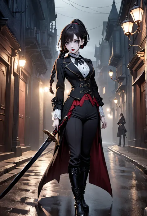 1 cute young beautiful asian woman shemale, dark haired, pale skin, grey eyes, asian slanted eyes, long hairs, red lips, dressed, sword held, earring, black leather vampire hunter outfit, black boots, pants, high ponytail, braids, calm look, scary victoria...