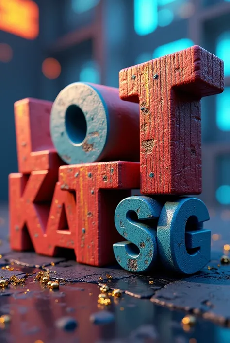 3D words, different colors words, capital letters, "LOT VILAKATI SNAT SG"  written in wood planks, artistic background, gold sparkling✨ ✨💥,  cinema background, technology environment