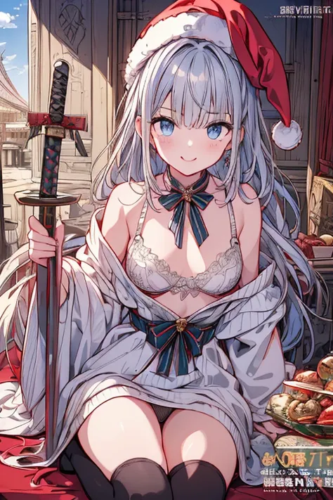 (from below:1.2),((1girl, silver hair, long hair, qutel blue eyes, beautiful eyes, pretty smile:1.5, ), ( off-shoulder dress, sweater dress,, santa hat, black tights, santa boots), (((holding ominous japanese sword:1.1 ))), ((battlescene,slashilg,killing t...