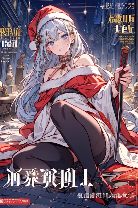 (from below:1.2),((1girl, silver hair, long hair, qutel blue eyes, beautiful eyes, pretty smile:1.5, ), ( off-shoulder dress, sweater dress,, santa hat, black tights, santa boots), (((holding ominous japanese sword:1.1 ))), ((battlescene,slashilg,killing t...