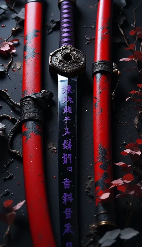 Realistic, theme is "a Japanese sword made of obsidian and a sheath with intricate craftsmanship", an old Japanese sword from the 1700s suitable for practical use, with a black-purple handle, a disc-shaped tsuba with intricate decoration, the length of the...