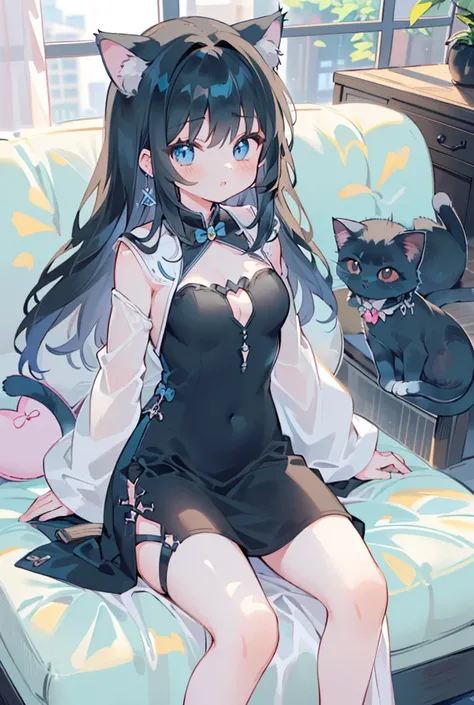 ((( cute girl))),((Cat ears)),(( black hair)),((pattsun maegami)),(( longhair )),((Lori))(( black dress)),(((Sitting down))),(((黒いヴェールを被っている)))