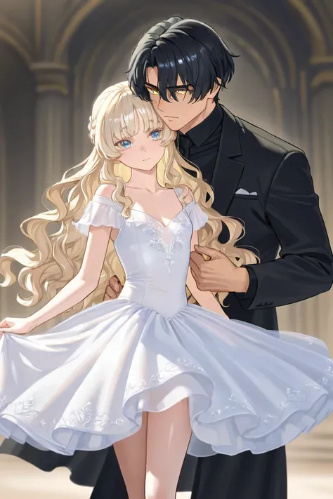 Tall white 23 year-old boy with Black hair, HE HAS light BLUE eyes, handsome, bad temper, wearing black clothes and a ballerina girl with her blonde long wavy hair and she has shiny golden eyes in a magic land wearing a white delicate dress. Theyre in love...