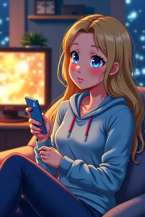 A blonde girl, 30 years old,  blue eyes,  long hair, Feeling ,  tanned skin,  sportswear, watching April Fools Day videos ( December 28 ) Alone at home at night. anime-style drawing 