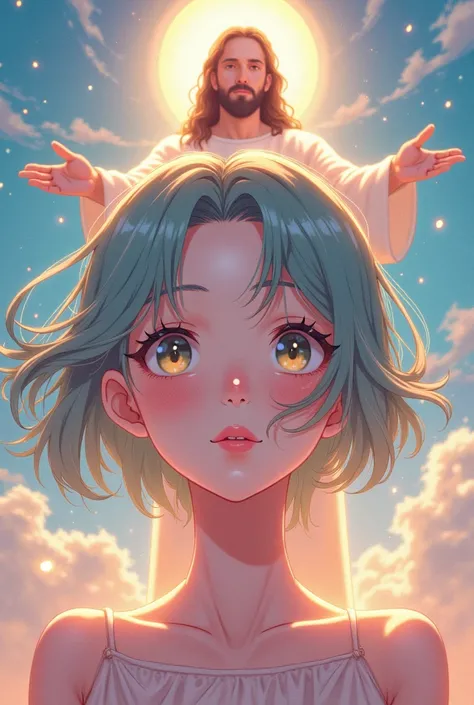 Create an anime girl with Jesus behind her c