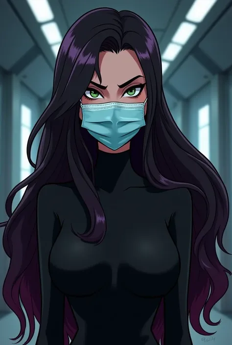 Animation style 
Long hair
Woman
Adult
Human
45 years old 
Evil eyes 
Evil smile 
Villain
Red lips
Light blue Surgical mask
Light blue mask
black hair with dark purple streaks, 
piercing green eyes, 
Long black dress
Black dress
Long dress
Mermaid dress
bl...